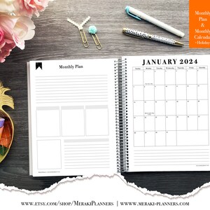 May include: A spiral-bound planner open to January 2024, with a monthly calendar and space for notes. The planner includes a monthly plan section and is accompanied by pens and decorative paper clips. The text "Monthly Plan & Monthly Calendar + Holidays" is visible.