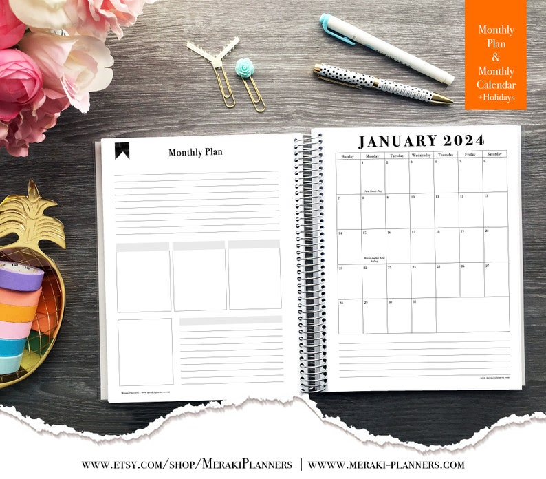 May include: A spiral-bound planner open to January 2024, with a monthly calendar and space for notes. The planner includes a monthly plan section and is accompanied by pens and decorative paper clips. The text "Monthly Plan & Monthly Calendar + Holidays" is visible.