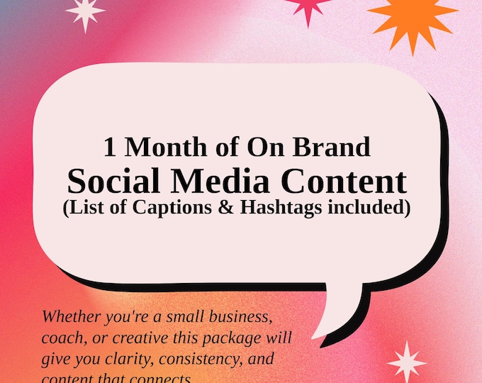 One Month of On Brand Social Media Content | Small Business Digital Presence, List of Captions and Hashtags Included, Branded Posts