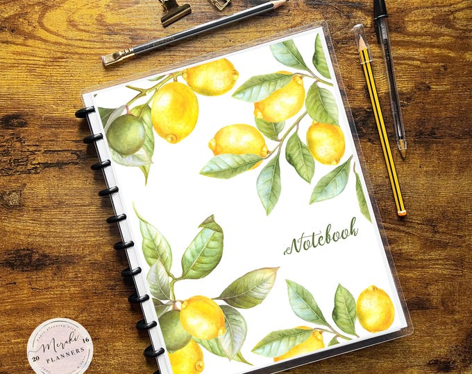 Discbound Notebook, Letter Size, Lined Sheets, College Ruled, 100 Sheets, Personalized Notebook - Limones Amarillos