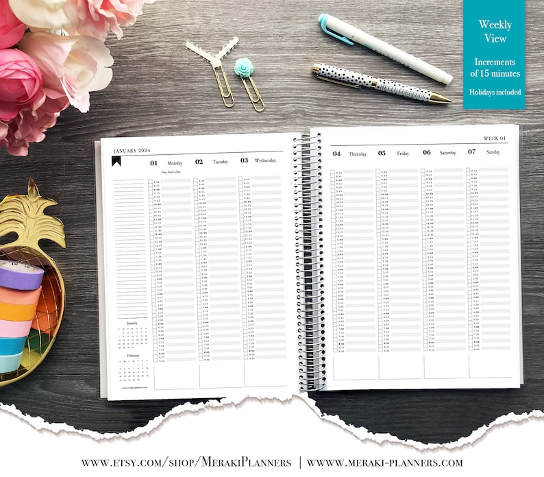 May include: A spiral-bound planner open to a weekly view, with time increments of 15 minutes. The planner includes a calendar for January 2024 and the text "Weekly View". Pens and decorative paper clips are visible.