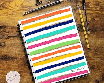 Notebook , Discbound, Letter Size, Lined Sheets, College Ruled, 100 Sheets, Personalized Notebook - Colorful Stripes