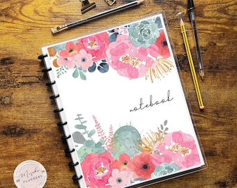 Discbound Notebook, Letter Size, Lined Sheets, College Ruled, 100 Sheets, Personalized Notebook - Succulents