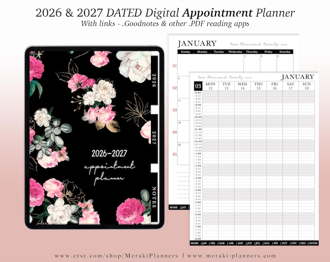 NEW Digital Appointment Planner 2026 - 2027 | 2 Years - Salon Planner Appointment Book - Roses II