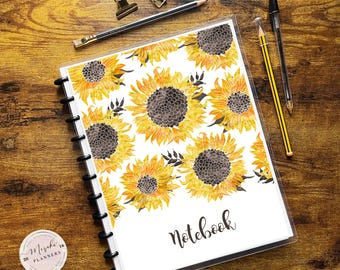 Discbound Notebook, Letter Size, Lined Sheets, College Ruled, 100 Sheets, Personalized Notebook - Sunflowers