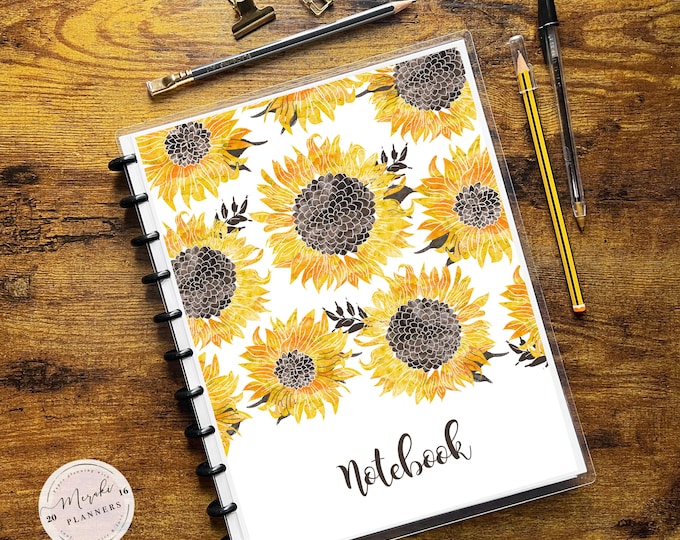 Discbound Notebook, Letter Size, Lined Sheets, College Ruled, 100 Sheets, Personalized Notebook - Sunflowers
