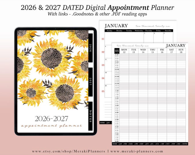 NEW Digital Appointment Planner 2026 - 2027 | 2 Years - Salon Planner Appointment Book - Sunflowers