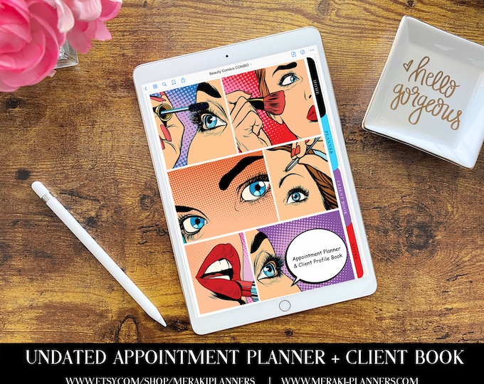 Meraki Planners -Digital Undated Appointment Book -GoodNotes-Salon Planner - Monthly, Weekly, Client Book,Notebook Planner - Beauty Comic
