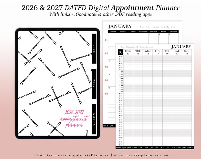 NEW Digital Appointment Planner 2026 - 2027 | 2 Years - Salon Planner Appointment Book - Bobbi Pins