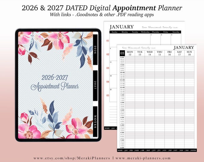 NEW Digital Appointment Planner 2026 - 2027 | 2 Years - Salon Planner Appointment Book - Polka Florals