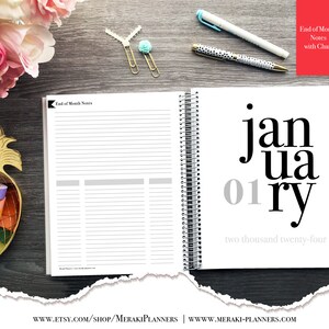 May include: Open spiral-bound planner with the month of January displayed. The left page has lined notes, and the right page shows "January 01, two thousand twenty-four" in a bold, modern font. Includes text "End of Month Notes with Chart".