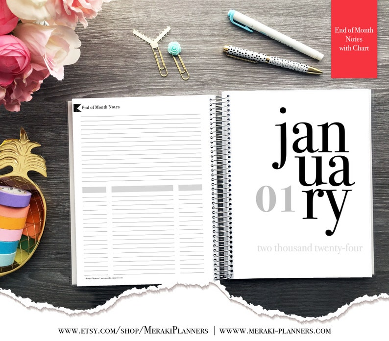 May include: Open spiral-bound planner with the month of January displayed. The left page has lined notes, and the right page shows "January 01, two thousand twenty-four" in a bold, modern font. Includes text "End of Month Notes with Chart".