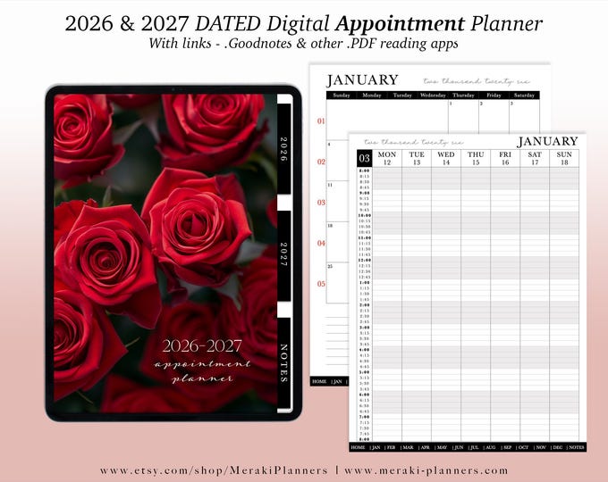 Digital Appointment Planner 2026 - 2027 | 2 Years - Salon Planner Appointment Book - Roses II
