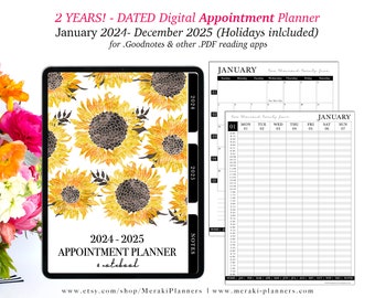 2024-2025 2 Years Dated Digital Appointment Planner,GoodNotes,Notability,PDF apps,Monthly,Weekly,iPad Planner,Linked Planner-Sunflowers