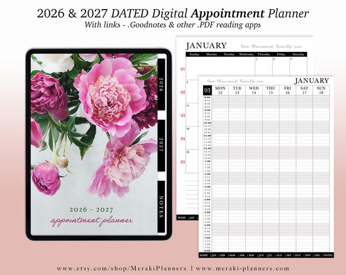 NEW Digital Appointment Planner 2026 - 2027 | 2 Years - Salon Planner Appointment Book - Peonies I