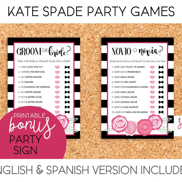 Bride or Groom / Kate Spade Bridal Shower, Bachelorette Games - PRINTABLE (English and Spanish)