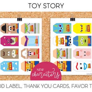 May include: Printable Toy Story party favor tags featuring different characters from the movie. The tags are designed to be used as food labels, thank you cards, or favor tags. The tags feature a variety of characters, including Woody, Buzz Lightyear, Jessie, and Mr. and Mrs. Potato Head. The tags are all in a cartoon style and feature the text "Thank You!" on each tag.