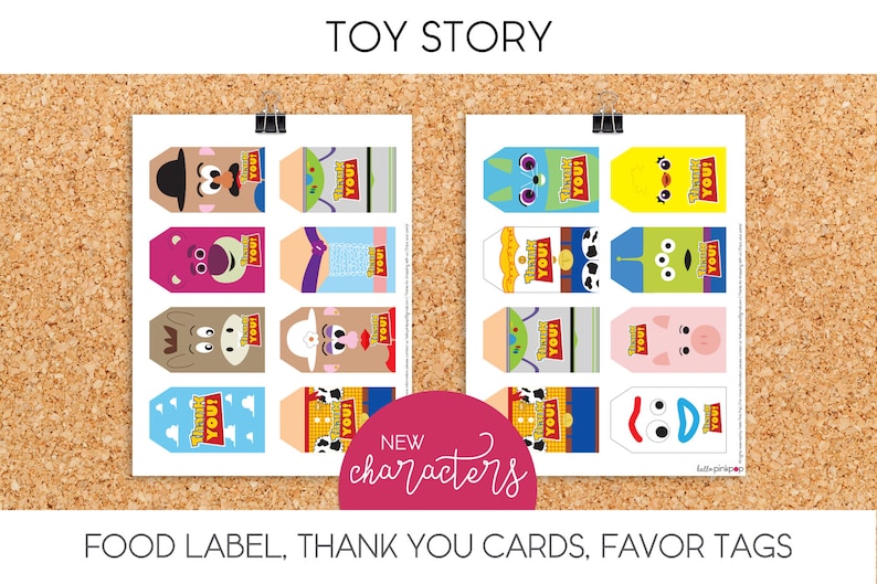 May include: Printable Toy Story party favor tags featuring different characters from the movie. The tags are designed to be used as food labels, thank you cards, or favor tags. The tags feature a variety of characters, including Woody, Buzz Lightyear, Jessie, and Mr. and Mrs. Potato Head. The tags are all in a cartoon style and feature the text "Thank You!" on each tag.