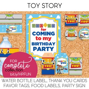 May include: Toy Story themed party printables, including a birthday party sign, thank you cards, water bottle labels, favor tags, and food labels. The printables feature characters from the movie, including Woody, Buzz Lightyear, and Jessie.
