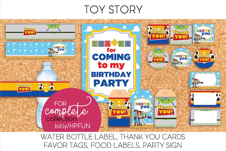 May include: Toy Story themed party printables, including a birthday party sign, thank you cards, water bottle labels, favor tags, and food labels. The printables feature characters from the movie, including Woody, Buzz Lightyear, and Jessie.