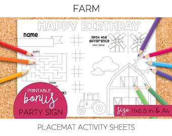 Farm, Animal / Activity Placemat, Coloring Placemat, Party Games for Kids -  PRINTABLE