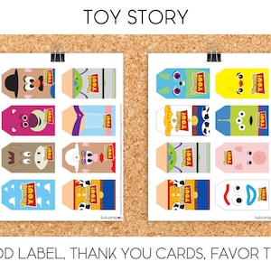 May include: Printable Toy Story party favor tags featuring characters from the movie, including Woody, Buzz Lightyear, Jessie, and Mr. Potato Head. The tags are designed to be used as food labels, thank you cards, or favor tags.