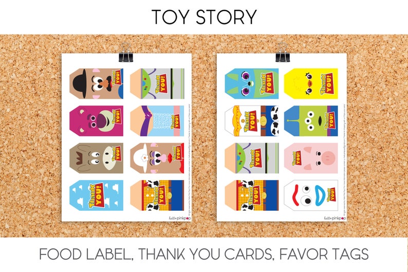 May include: Printable Toy Story party favor tags featuring characters from the movie, including Woody, Buzz Lightyear, Jessie, and Mr. Potato Head. The tags are designed to be used as food labels, thank you cards, or favor tags.