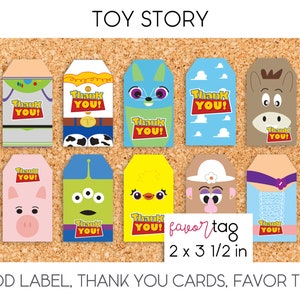 May include: A set of 12 printable Toy Story favor tags featuring different characters from the movie. The tags are 2 inches by 3 1/2 inches and say "Thank You!" on each tag.