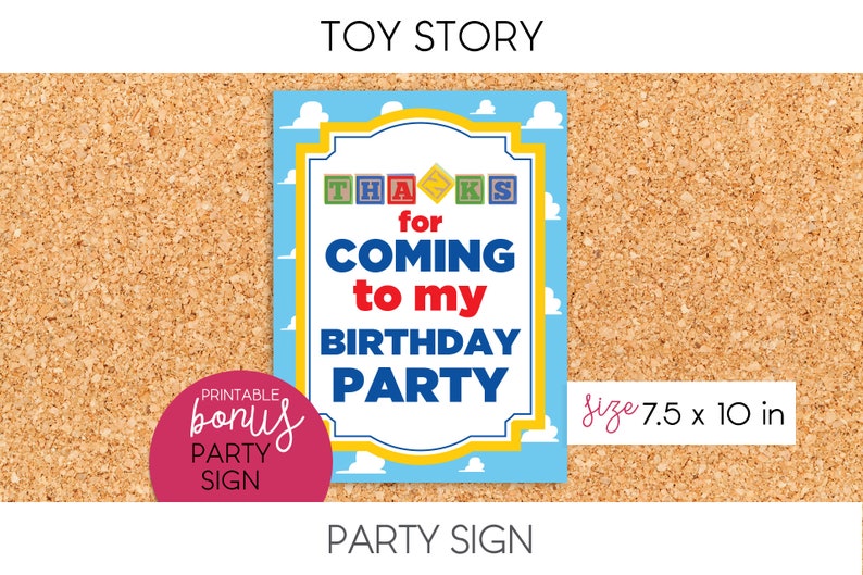 May include: A printable party sign with a blue, yellow, and red color scheme. The sign says "Thanks for coming to my birthday party" with the word "Thanks" spelled out with colorful blocks. The sign is 7.5 inches by 10 inches.