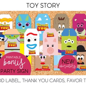May include: A set of printable Toy Story party favor tags featuring various characters from the movie, including Woody, Buzz Lightyear, Jessie, and more. The tags are designed with a colorful cartoon style and include the text "Thank You!"  The image also includes a printable bonus party sign.