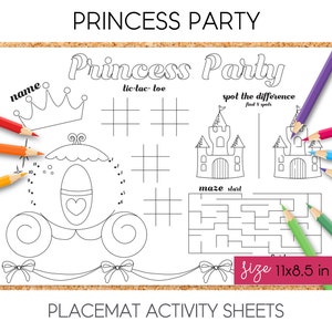 Princess Party / Activity Placemat, Coloring Placemat, Party Games for Kids -  PRINTABLE
