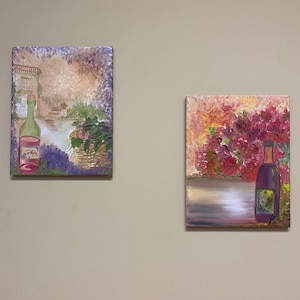 Paintings, wine bottles, set of two, acrylic