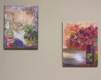 Paintings, wine bottles, set of two, acrylic