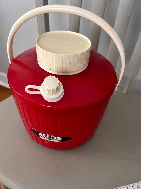 Vintage Red picnic Thermos jug, retro red and whit