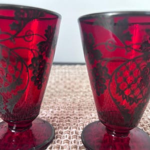 Ruby Red 2 oz. Glasses with Grapes design on them in black or dark grey, Set of 4, beautiful