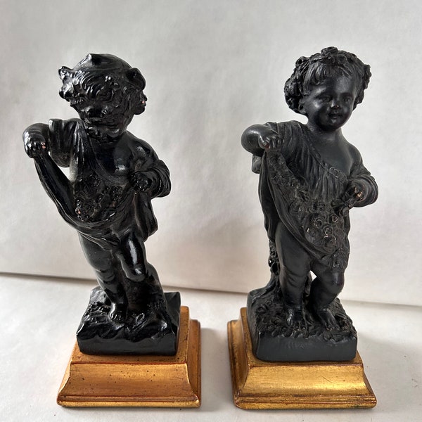 Vintage Borghese Cherub Statue, pair of Antique Figurines, French painted Plaster statues of Children, Putti children