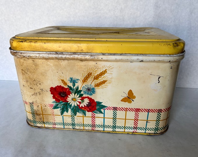 Vintage Metal Bread Box Flower Design With Yellow Top, Metal Storage