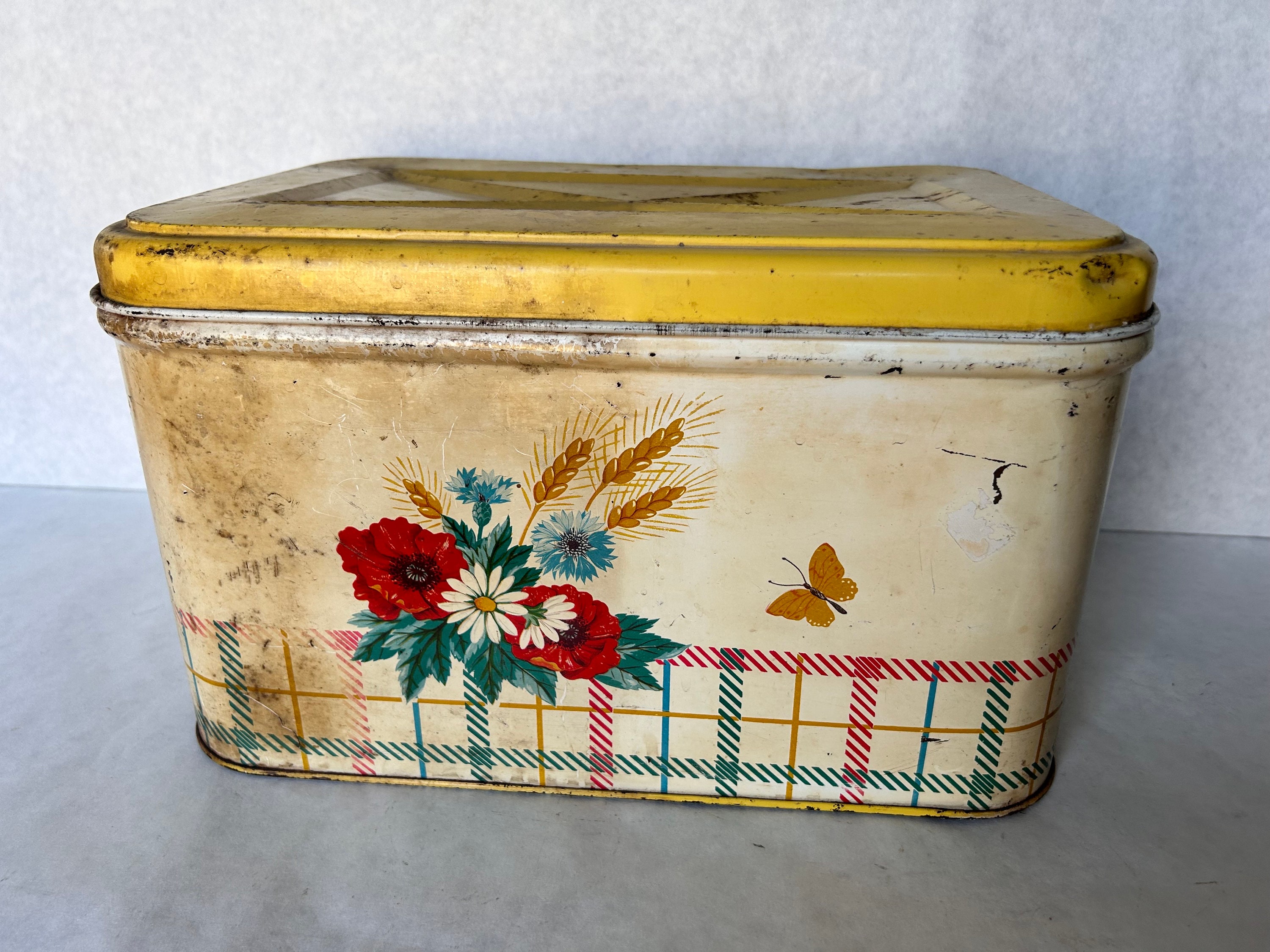 Vintage Metal Bread Box Flower Design With Yellow Top, Metal Storage