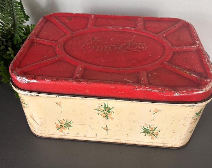 Vintage Empeco Bread Box, Retro Food Storage, Red Lid and