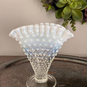 Vintage Fenton Hobnail Vase: Opalescent Moonstone Glass Fan Vase