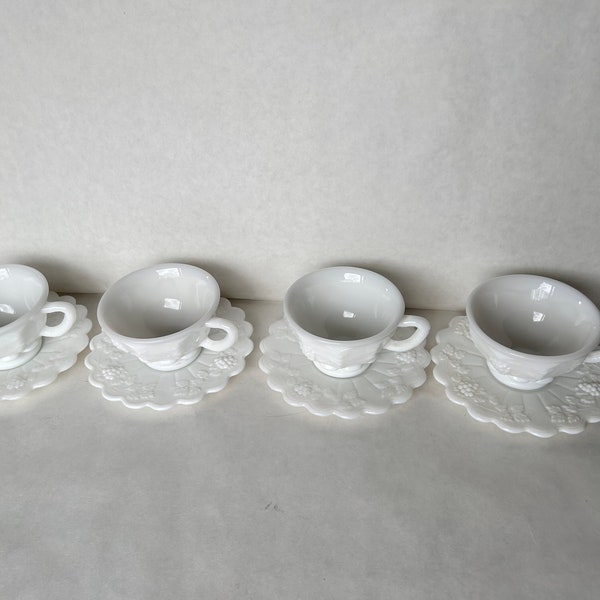 Vintage Milk Glass Cup and Saucer set of 4, Teacups, Coffee Cups with Saucers. Antique Milk Glass Grape pattern