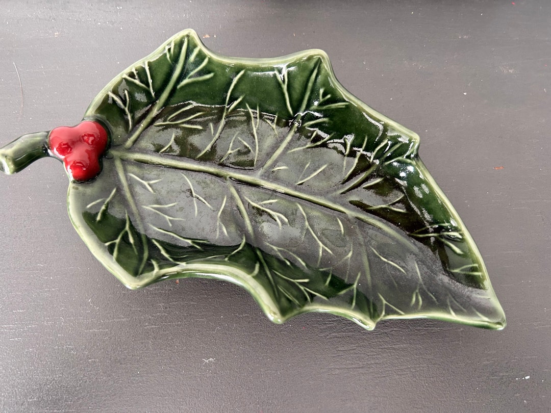 Vintage Ceramic Holly Leaf Candy Dish Christmas Decor Etsy