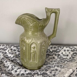 Antique English Gothic Religious Pitcher Gothic arches shown on the stoneware green pitcher, Charles Meigh stoneware 7 inches tall