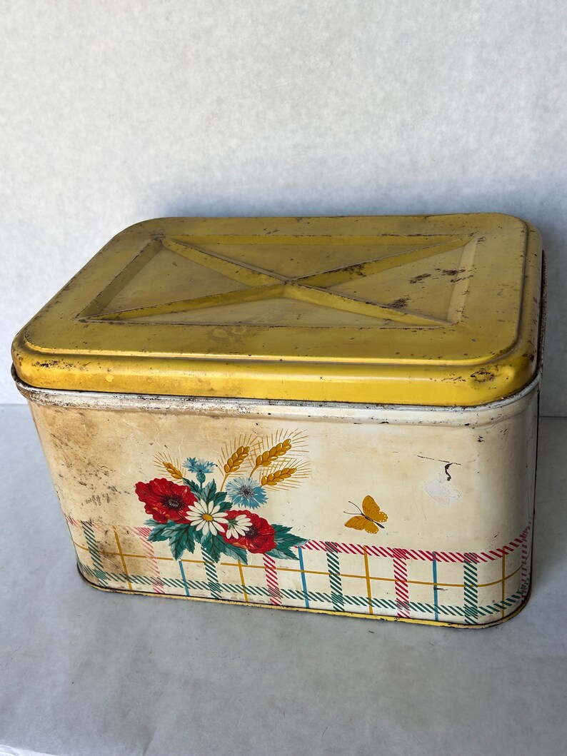 Vintage Metal Bread Box Flower Design With Yellow Top Metal Etsy