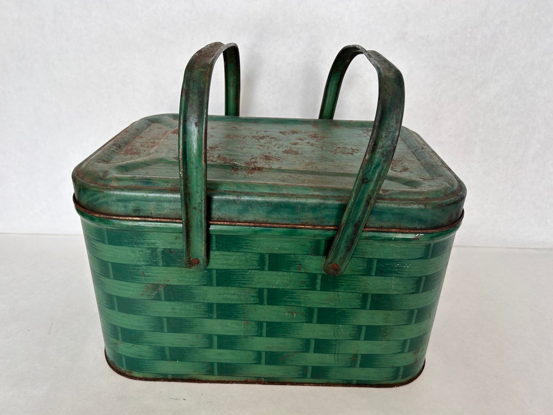 Vintage Metal Green Basket Weave Picnic Basket, Tan With Metal Handles