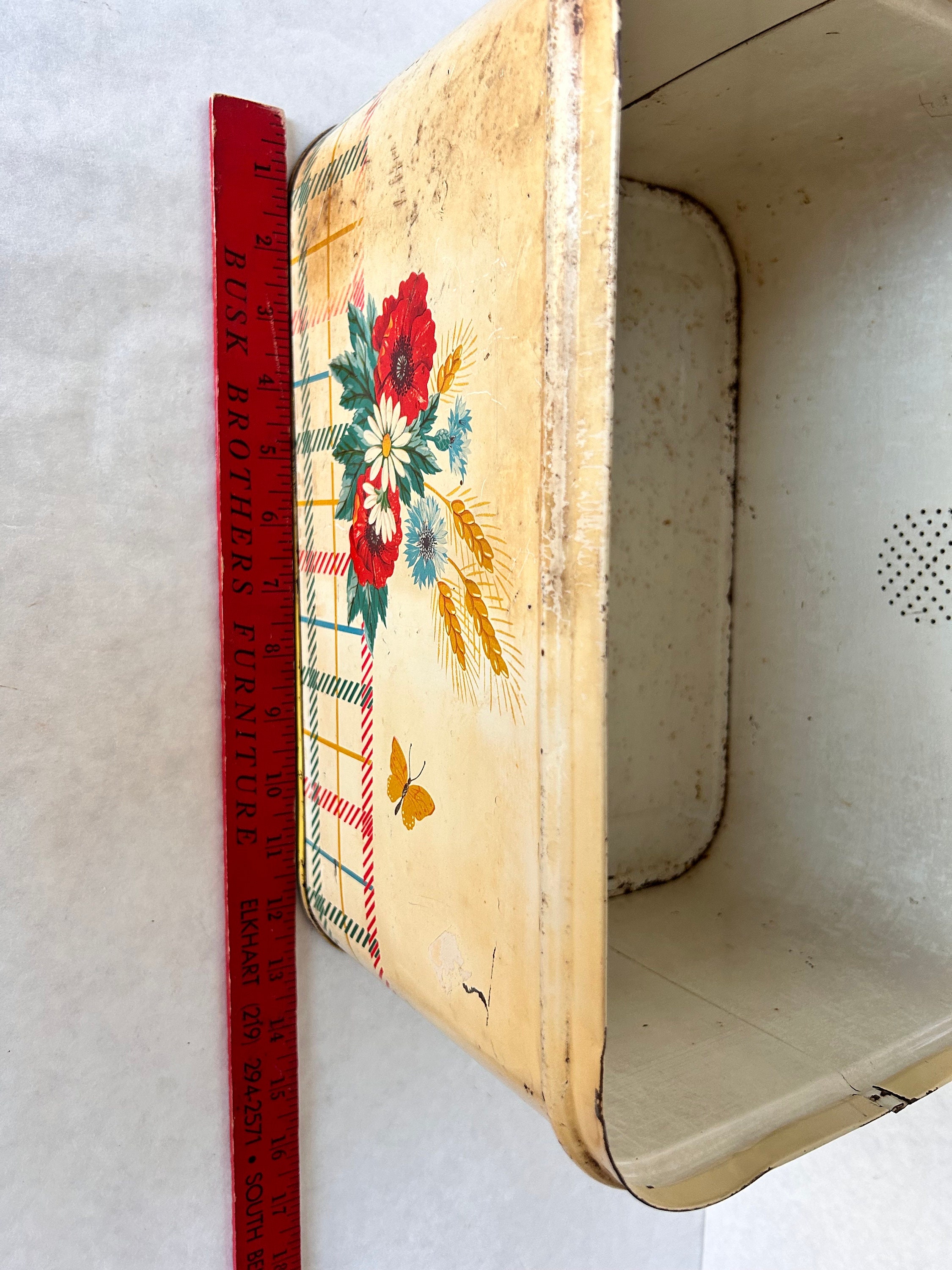 Vintage Metal Bread Box Flower Design With Yellow Top, Metal Storage