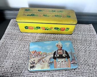 Vintage Dutch decorative tins for storage, both from the Netherlands, graphic designs, Honey Breakfast cake