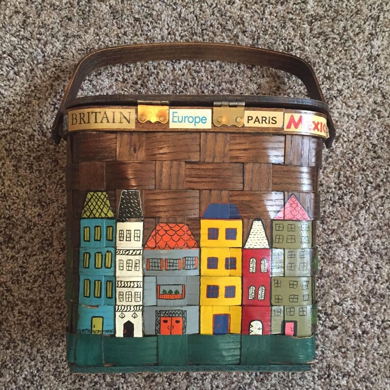 Vintage Woven Basket Purse Hand Painted Basketville Putney Etsy