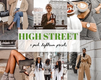 May include: A collage of images featuring women wearing stylish clothing in urban settings. The text "HIGH STREET" and "3 pack Lightroom presets" is displayed on a white background.