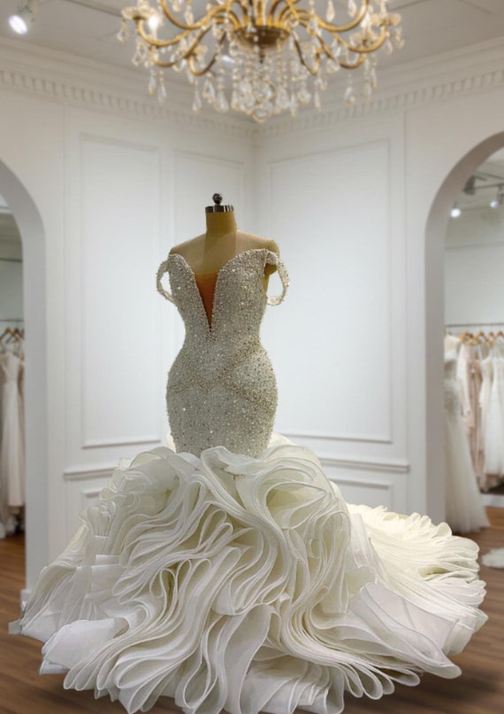 Beaded Mermaid Wedding Dress: Ruffled Tulle, Sweetheart Neckline - Etsy  Israel